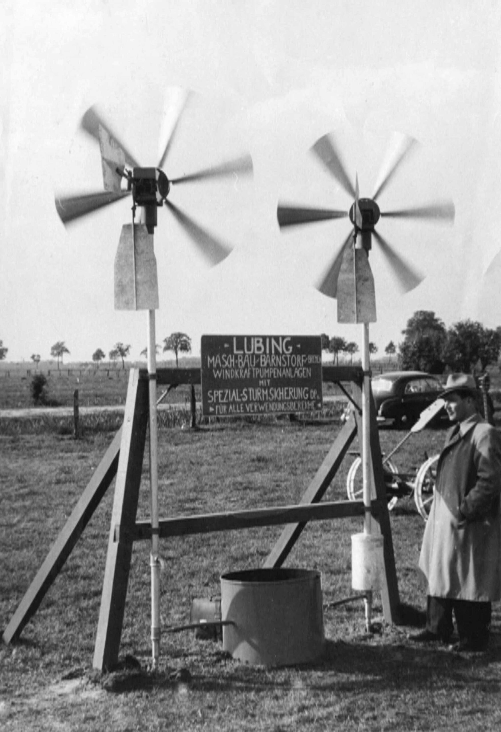 The purely mechanically functioning storm protection of the LUBING wind turbines was one of their unique selling points: During storms, the wind turbine turned itself out of the wind to prevent damage.